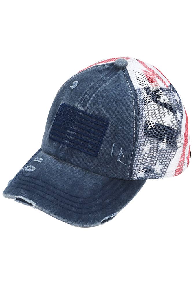 C.C American Flag Mesh Back Trucker Hat Pony Cap: Navy