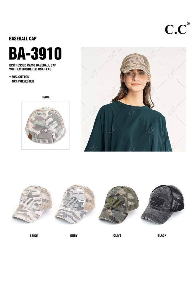 C.C American Flag Embroidery Camo Baseball Cap: Gray