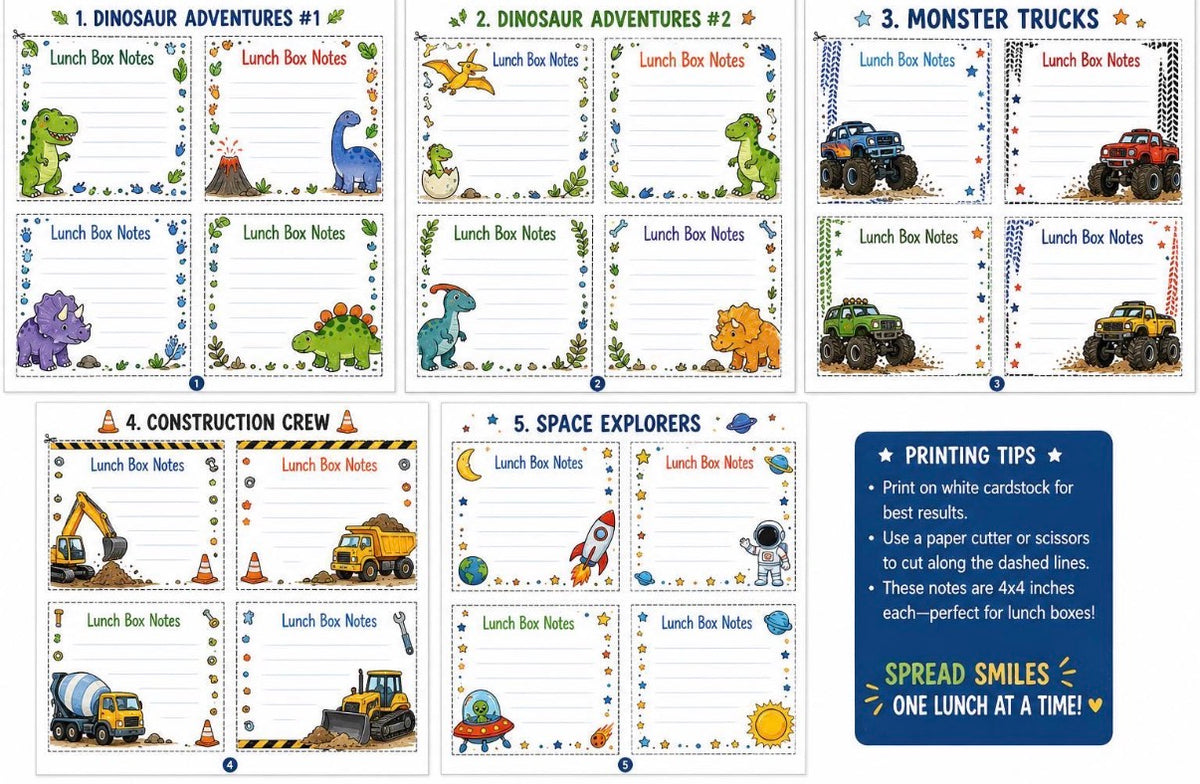 Boys Lunch Box Notes Printable PDF *digital download*