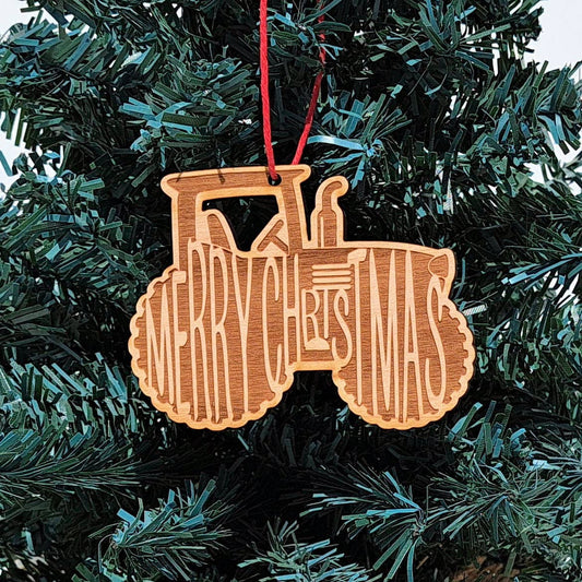 Merry Christmas Tractor Wood Christmas Ornament