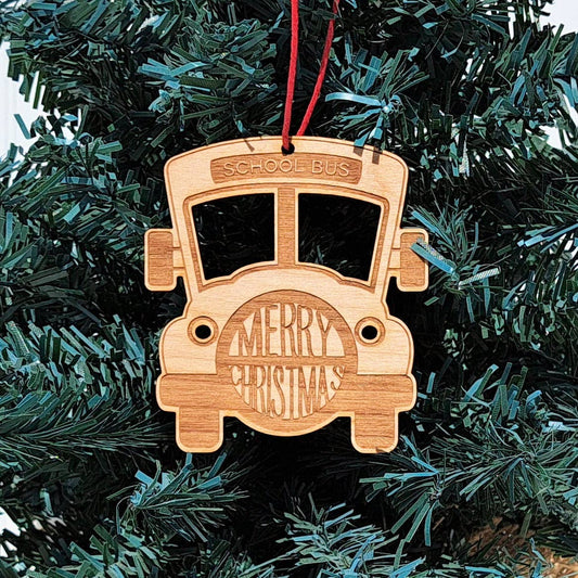 Merry Christmas School Bus Wood Christmas Ornament